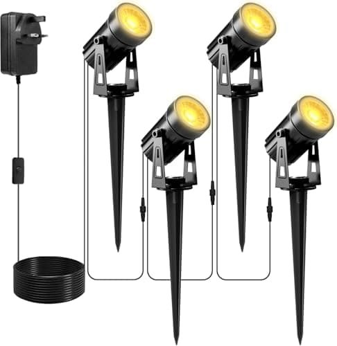 Image of NATPOW Garden Lights Mains Powered, Landscape Spotlights with Adapter, Warm White Garden Uplighters 5V IP65 Waterproof Outdoor Spike Lighting for Lawn, Yard, Driveway,Party