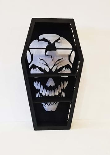 Image of Kraftopia Uk Gothic coffin Shelf - skull - Gothic shelving - Display unit - Halloween Cabinet - Goth Decor - Crystal display Cabinet - Shelving for crystals - Spooky gift ideas
