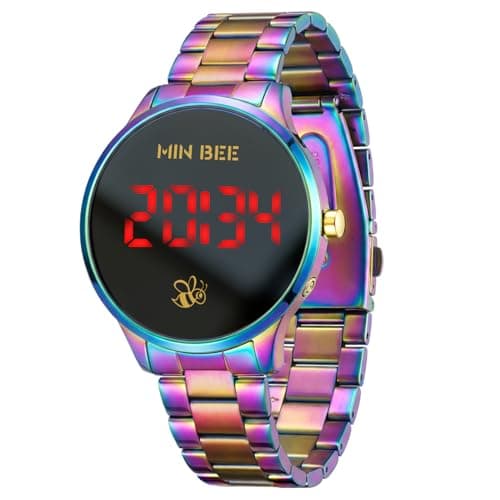 Image of MIN BEE Unisex 40mm Minimalist Digital Watch, Large LED Display 12/24H Format, Stainless Steel Band, 30m Water Resistant, Tool-Free Adjustable for Daily Wear, Rainbow, Casual