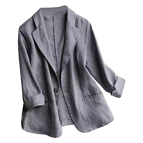 Image of Linen Jackets For Women Uk Lightweight 3/4 Sleeve Tops Cardigan Plus Size Solid Color Suit Jacket Long Sleeve Office Buttons Shirts With Pockets Lapel Blazer Prom Shirts Party Wedding