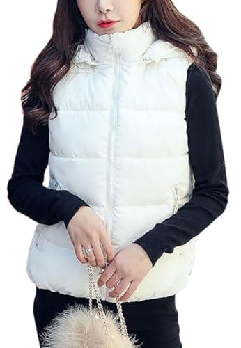 Image of WIEAYUMEI Womens Gilet with Detachable Hood Sleeveless Puffer Vest Zip Up Warm Jackets Lightweight Hooded Coats Stand Collar with Pockets White L