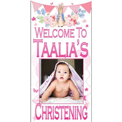 Image of Party Prints 2020 PERSONALISED Peter Rabbit Christening Banner Party Backdrop 4ft Large 4ftx2ft Baptism Party Decorations Any Name boys girls Blue Pink Welcome Sign (Pink Door Poster 4ft PHOTO)