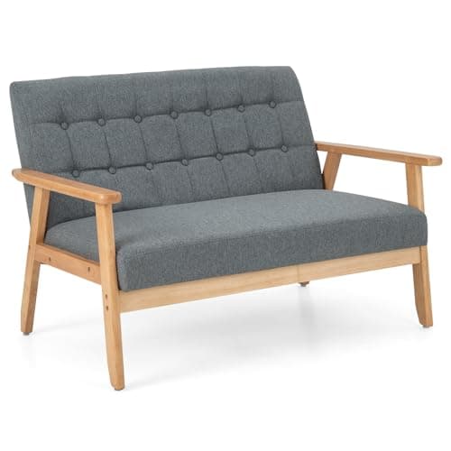 Image of COSTWAY 2-Seater Sofa, Linen Fabric Upholstered Loveseat Sofa Couch with Rubber Wood Legs, Modern Button-Tufted Double Seat Lounge Sofa Chair for Living Room Bedroom Reception, Grey