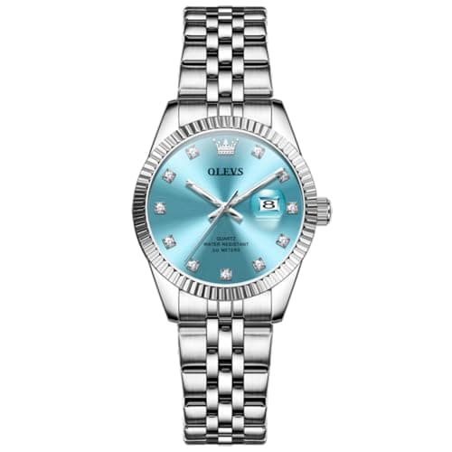 Image of OLEVS Ladies Watches Classic Blue Dial Small Face Dress Watches for Women Luxury Silver Stainless Steel Analog Quartz Women's Diamond Watch Easy to Read Waterproof Luminous with Date Womens Watch