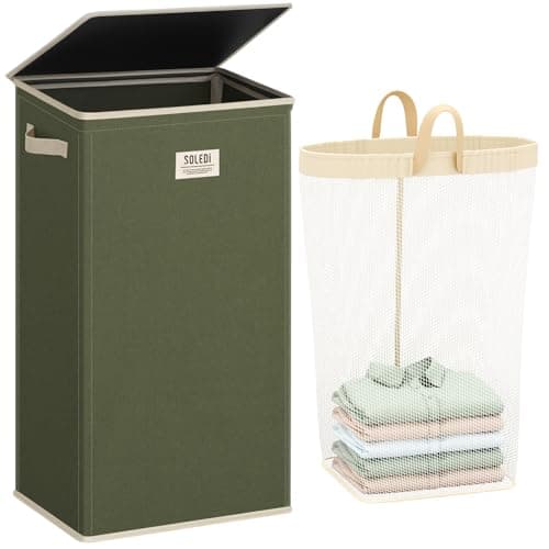 Image of SOLEDI 100L Laundry Basket with Lid Washing Basket for Laundry, Collapsible Laundry Baskets, Sturdy Clothes Hamper with Removable Laundry Bag, Beautiful and stylish Large Laundry Bin (Avocado Green)