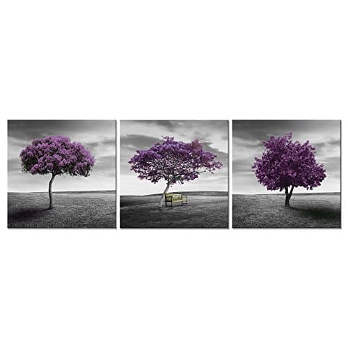 Image of Wieco Art - 3 Piece Purple Trees Modern Stretched and Framed Landscape Artwork Giclee Canvas Prints Fall Forest Pictures Paintings on Canvas Wall art for Living Room Bedroom Home Office Decorations