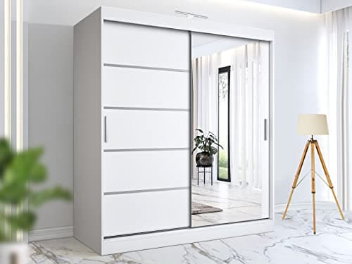 Image of RAC3 Race to Road Stylish Bedroom Sliding Wardrobe with LED Light - Ample Storage Space and Sleek Design comes in White/Grey/Black/Oak and Width 150cm/180cm/203cm/250cm (White, 180cm)