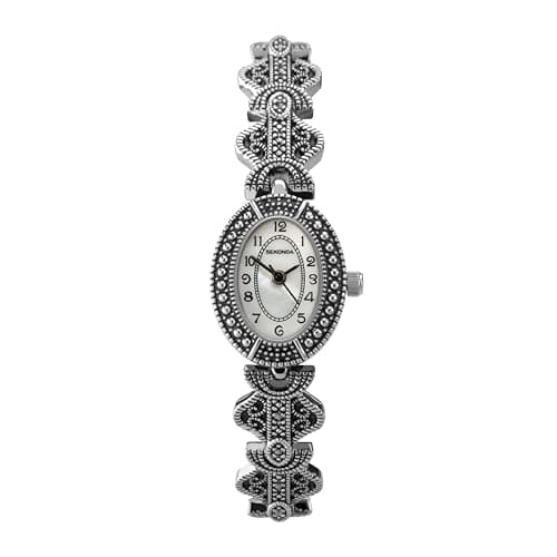 Image of Sekonda Marcasite Womens Watch – 19mm Ladies Watch with Stone Set Oval Case, Mother of Pearl Dial and Bracelet – Vintage Style – 2 Year Warranty