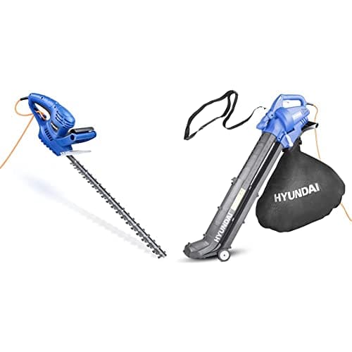Image of Hyundai Lightweight Powerful 550w 510mm Corded Electric Hedge Trimmer Pruner 10m Cable With 3 Year Warranty, Blue (HYHT550E) & 3 in 1 3000W Electric Leaf Blower- 45L Bag, HYBV3000E, Blue