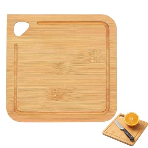 Image of Mini Square Bamboo Chopping Board, Small Wooden Cutting Board with Drip Groove, Compact for Cheese, Fruit, and Bread, Portable with Rounded Corners & Hang Hole (18cm x 18cm)