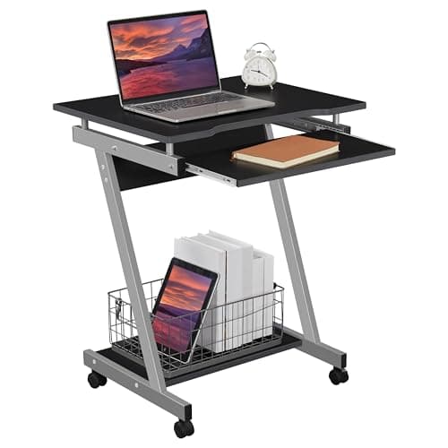 Image of Yaheetech Z-Shaped Small Computer Desk with Sliding Keyboard 4 Wheels for Home, PC Table Movable Portable Table on Wheels for Laptop Foldaway Trolley Study Workstation Z Desk for Small Spaces, Black