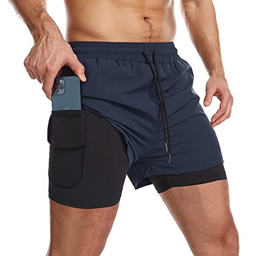 Image of Danfiki Mens Running Shorts Men's Gym Sports Short 2 in 1 with Phone Pocket Lightweight Quick Drying Navy Blue