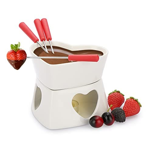 Image of BSTKEY Ceramic Chocolate Fondue Pot Butter Warmer, Heart Shape 320ml Cheese Fondue Set Milk Cheese Warmer Tea Light Candle Fondue Pot Set with 4 Red Forks (White)