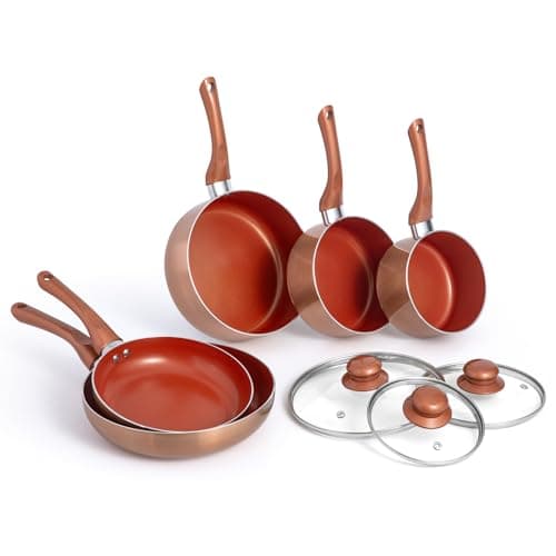 Image of VonShef Pots and Pans Set, 8 Piece Induction Safe, Non-Stick Saucepan and Frying Pan Set, Easy Clean Copper Pots and Pans Set with Glass Lids, PFAS, PTFE, PFOA, Lead & Cadmium Free