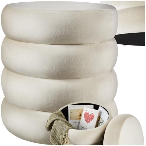 Image of tectake® Storage Stool in Scandi Style with Cover in Velvet Look & Storage Space, Storage Ottoman with Padded Seat & Sturdy MDF Frame, No Assembly, Footstool for Bedroom & Living Room - Cream/White