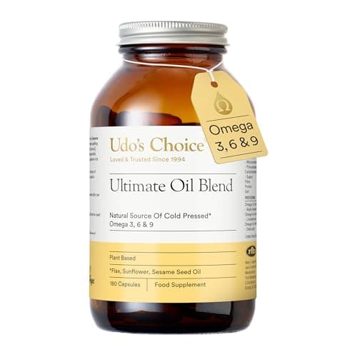 Image of Udo's Choice Ultimate Oil Blend Capsules - Vegan Omega 3 6 9 from Cold-Pressed Plant Oils - Flaxseed, Evening Primrose, Sunflower - Heart, Brain, Skin, Hormone Support - 180 Capsules – 90 Servings