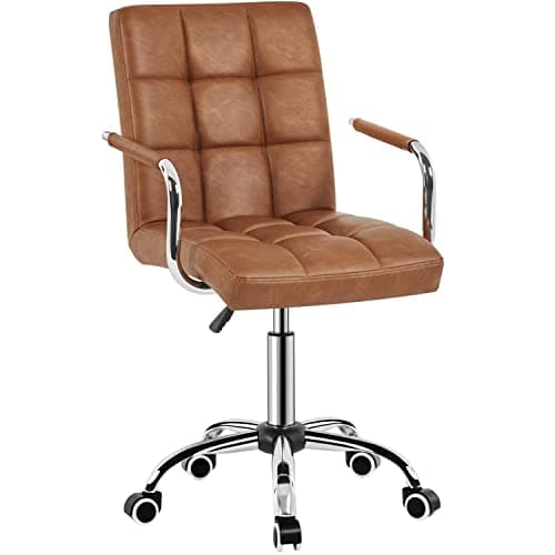 Image of Yaheetech PU Leather Office Chair Mid Back Swivel Task Chair Comfortable Computer Chair Height Adjustable with Armrests, Retro Brown