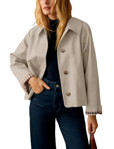 Image of Dqbeng Womens Cropped Trench Coat Classic Collar Oversized Casual Jackets with Checkered Lining, Light Beige, Medium