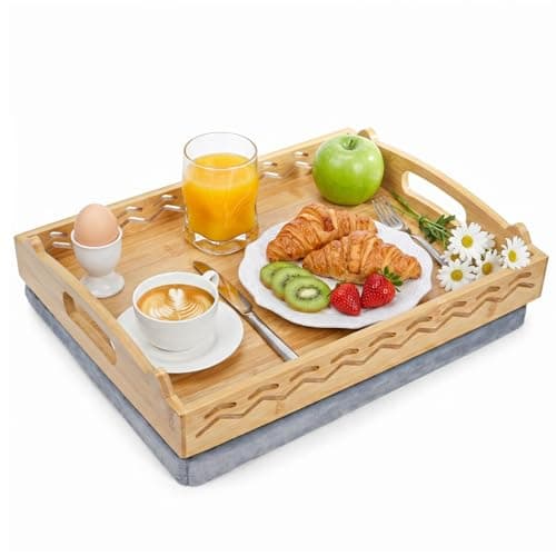 Image of Okllen Bamboo Lap Tray with Detachable Cushion & Handles, 16"x12.2" Breakfast Bed Tray for Eating, Recliner/Sofa/Bed, Housewarming Gift