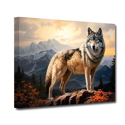 Image of LZIMU Wolf Wall Art Wolf in the Mountain Canvas Art Print Forest Sunrise Animal Painting Abstract Animals Posters for Home Decor Framed (Animal-2, 16.00"x24.00")