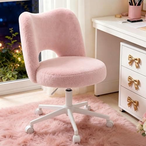Image of Cliporix Vanity Chair with Wheels, Cute Cat-Ear Swivel Desk Chair, Hollow-Out Back Support, Height Adjustable,Armless Pink Small Dressing Table Chair for Girls Bedroom Living Room