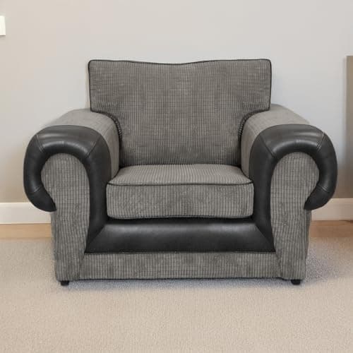 Image of Furnishings For Less UK New Large Portland Fabric and Leather Corner Sofa Range Roll Arm Fullback Large Cushions (Black and Grey, Armchair)