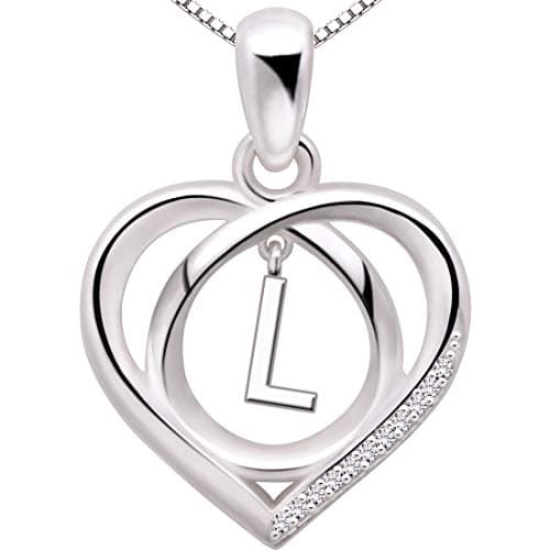 Image of ALOV Jewelry Sterling Silver Initial L Letter Alphabet Love Heart Cubic Zirconia Pendant Necklace