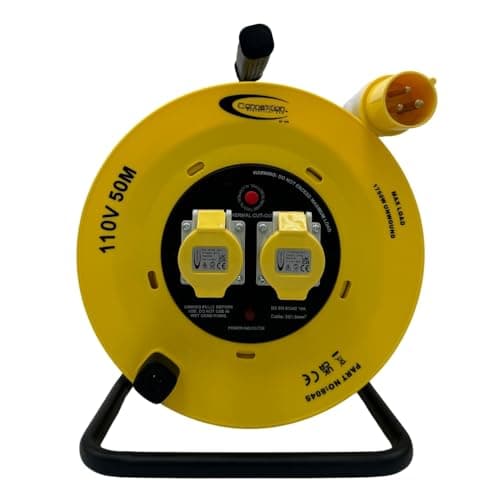 Image of 110V Cable Reel 50m Heavy Duty Extension Lead 1.5mm Extension Cable, 2X 16A Sockets, Thermal Cut Out, IP44 Plug, Power Indicator, Carry Handle - Power Tool for Industrial & Construction Site Use