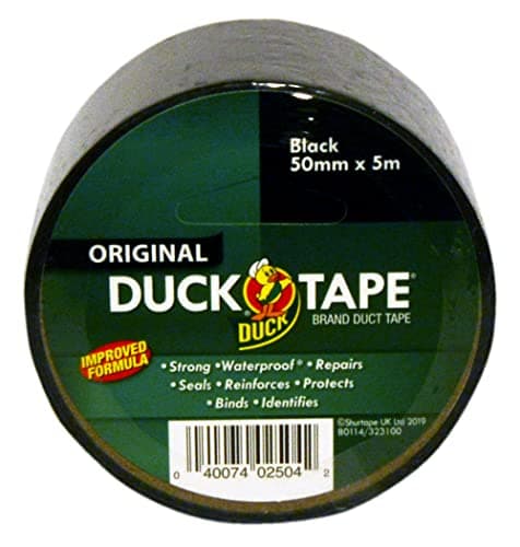 Image of Duck Tape Original Black Duct Tape, 50mm x 5m Heavy Duty, Waterproof Gaffer, Gaffa Sticky Tape, Strong Adhesive Cloth Repair Tape, Suitable for Packing boxes, Moving House, Parcels or Packaging