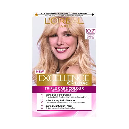 Image of L'Oréal Paris Excellence Crème Permanent Hair Dye, Radiant At-Home Hair Colour with up to 100% Grey Coverage, Pro-Keratin, Up to 8 Weeks of Colour, Colour: 10.21 Lightest Pearl Blonde