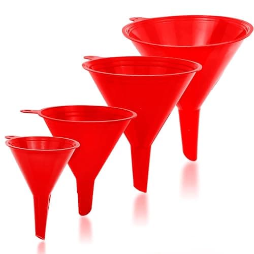 Image of Liqvee Funnel Red in 4 Different Sizes (122, 101, 76 & 50mm) Durable & Non-Toxic Food Grade Plastic -Funnels for Filling Bottles or Containers with Ring Holders – Ideal for Kitchen, Garage & Labs