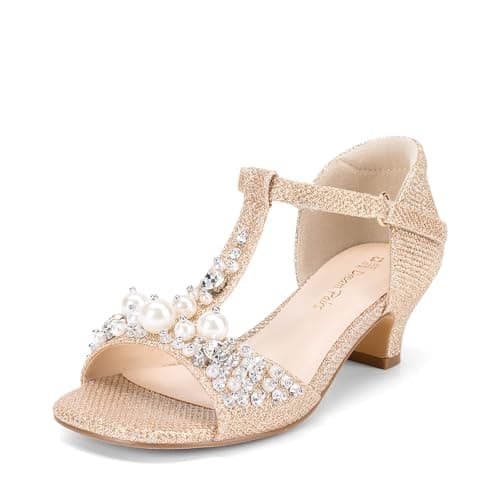 Image of DREAM PAIRS Girls Sandals Ankle Strap T-Strap Low Heel Pearl Bow Flower Pump Dress Wedding Party Shoes for Little Kid/Big Kid,Size 3 Big Kid,Gold,KKUMHS2501