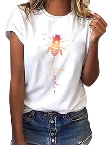 Image of Yuson Girl Women Summer Bee Kind Letter Print T-Shirt Ladies Bee Graphic Shirts Tee Round O Crew Neck Short Sleeve Tshirts Tank Tops Tee Loose Casual Shirts Tops(A-White, L)