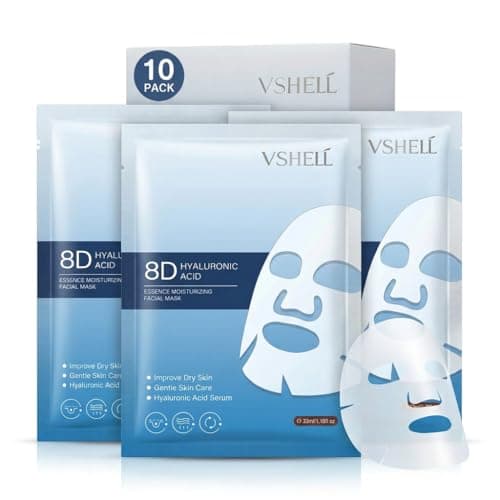 Image of VSHELL Hyaluronic Acid Face Sheet Mask – Hydrating & Plumping Facial Mask for Dry Skin – Deep Moisturizing Skincare for Radiant Glass Skin Glow – Daily Use – 10 Pack