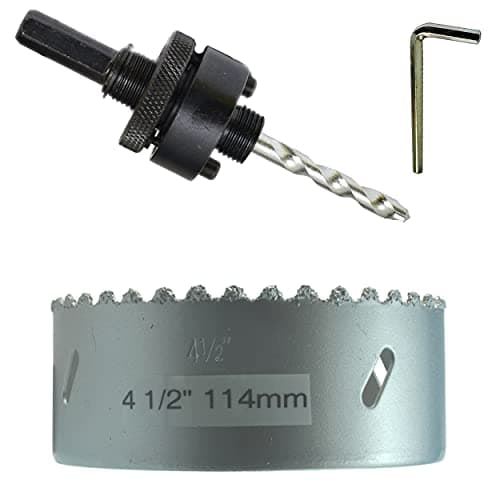 Image of 114mm Carbide Hole Saw Bit 4 1/2 in with 11mm (7/16) Hex End Arbor with TCT Pilot Drill For Drilling Concrete Brick Pavers Plaster Backerboard Gyproc Concrete Blocks Cement Board and Masonry