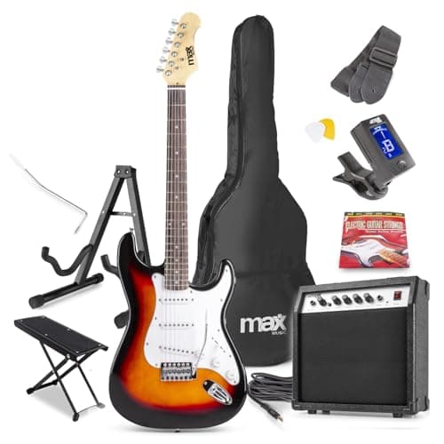 Image of Max Gigkit Sunburst Electric Guitar Starter Pack with Amp, Foot & Instrument Stands, 6 Months Online Lessons, Ideal Beginner Guitars Set for Aspiring Musicians