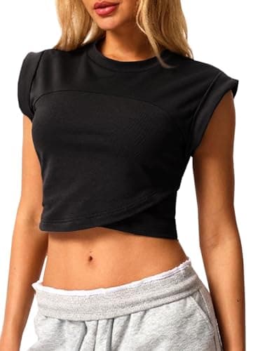 Image of Navneet Women Cap Sleeve Workout Tops Cropped Tank Tops Crossover Hem Yoga Pilates Top Basic Gym T Shirts Running Going Out Black S