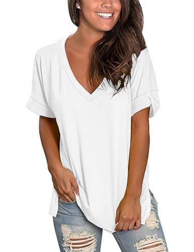Image of Voqeen Oversized T-Shirts for Women Tops Short Sleeve V Neck Basic Summer Tee Tops Ladies Solid Casual Loose Shirts White