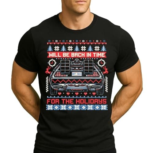 Image of Back in Time Back the Future to Future Delorean Ugly Christmas Men's T-Shirt, black, L