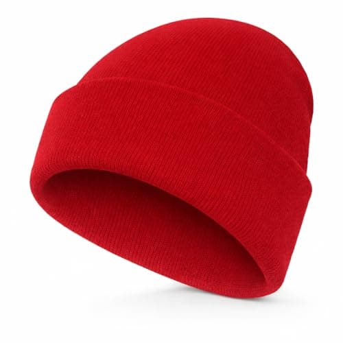 Image of WS UK Kids Beanie Hat - Unisex Slouch Winter Woolly Turn Up Knitted (Red)