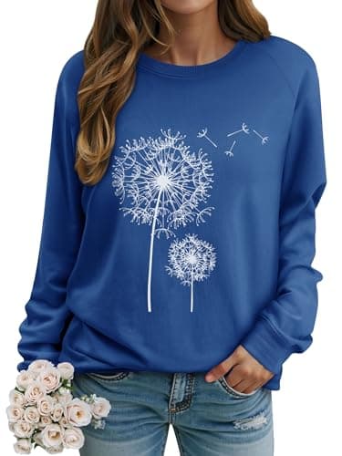 Image of Dresswel Women Dandelion Print Sweatshirt Crew Neck Long Sleeve Tops Basic Jumper Tunic Blouse Shirts(Blue, L)