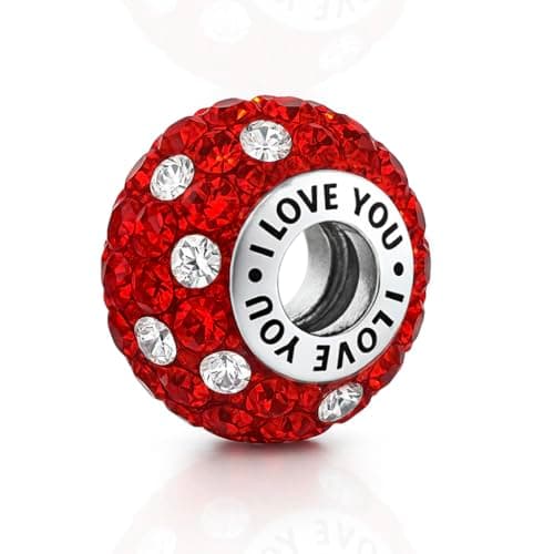 Image of I Love You Charm Red Crystal 925 Sterling Silver Bead fits Pandora Moments Charms Bracelet Birthday Gift for Women Her Wife Nan Daughter Mum Sister Girlfriend GF Valentines