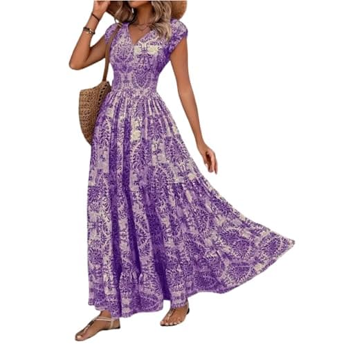 Image of Women Vintage Print V Neck Waist Dress Short Sleeve Elegant Long Dress with Classic Pattern and Fitted Suitable for Various Occasions Purple