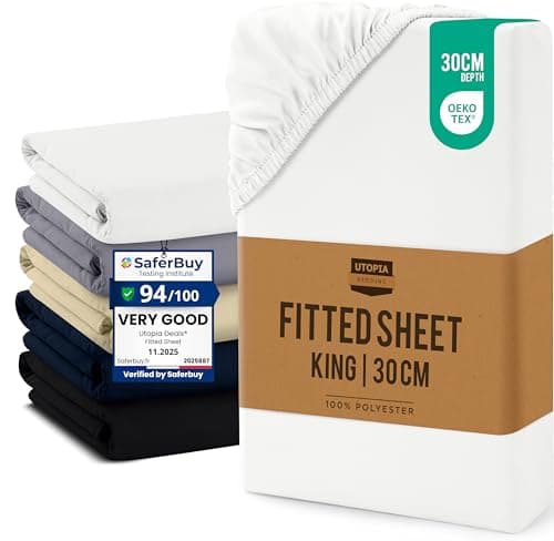 Image of Utopia Bedding Fitted Sheet King, White - Up to 12 Inch (30cm) Deep - Easy Care - Soft Brushed Microfibre Fabric - Shrinkage and Fade Resistant - Oeko-Tex Certified - Bottom Sheet