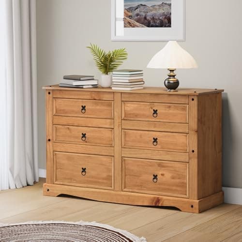 Image of Corona Chest of Drawers 3+3 6 Drawer Low Wide Sideboard Solid Wood Pine Wooden Mexican Style Bedroom Storage Living Dining Room 83cm High. 132cm Wide. 43cm Deep.