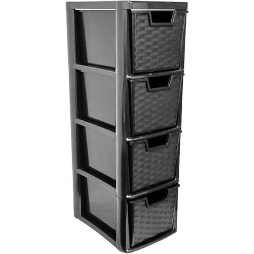 Image of ALEEZ - 4 Drawer Storage Unit - Rattan Effect Plastic Tower Unit - Home Office Desktop Organizer - Cosmetic, stationery, Craft Table Top Drawer - Multipurpose Storage Solution (Black, 4 Drawer)