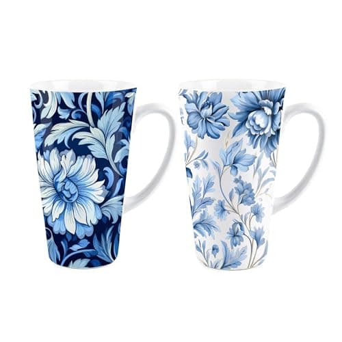 Image of Purely Home Greek Floral Mugs Set - Blue & White Flowers Tall Latte Mugs Set of 2 - Ceramic Tea/Coffee Present Gift