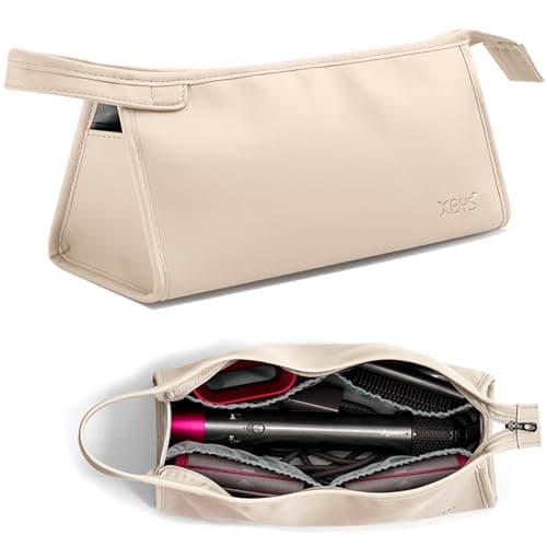 Image of Veki Portable Travel Storage Bag Compatible with Dyson Supersonic Hair Dryer, PU Leather Protective Carrying Case for Dyson Airwrap Styler, Travel Organiser Bag for Hair Curler Accessories (Beige)
