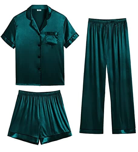 Image of SWOMOG Womens Satin Pyjama Sets Ladies Silk Nightwear 3 Piece Short Sleeve Pj Button Down Sleepwear Set S Dark Green