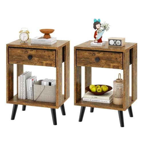 Image of YMYNY Set of 2 Side Tables, Bedside Table, Sofa End Table, with Fabric Drawers and Open Shelf Unit, Solid Wood Legs, Nightstand, for Bedroom, Living Room, Rustic Brown HST012H-2